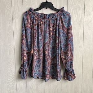 Belle & Sky Blue Pink Blouse Paisley Off Shoulder Long Sleeve Medium NWT